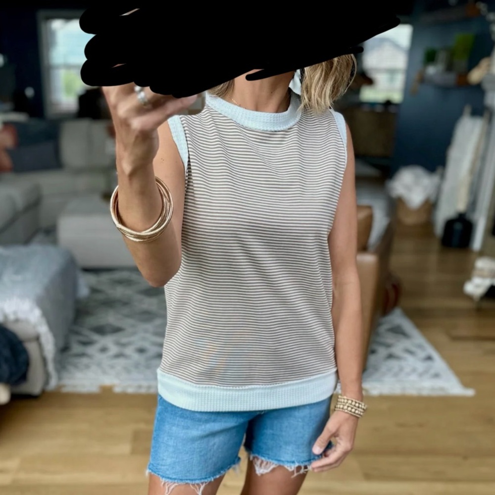 Striped Sleeveless Top - Mocha and White. Medium
